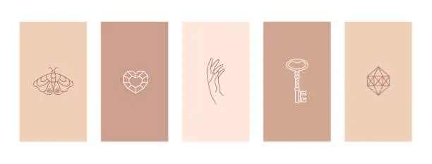 Vector illustration of Set pink and nude stories highlights covers outline a butterfly, diamond, hand and key.