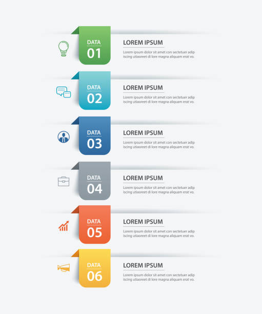 illustrazioni stock, clip art, cartoni animati e icone di tendenza di 6 infografiche dei dati scheda modello indice carta. sfondo astratto dell'illustrazione vettoriale. può essere utilizzato per il layout del flusso di lavoro, passaggio aziendale, banner, web design. - composizione verticale