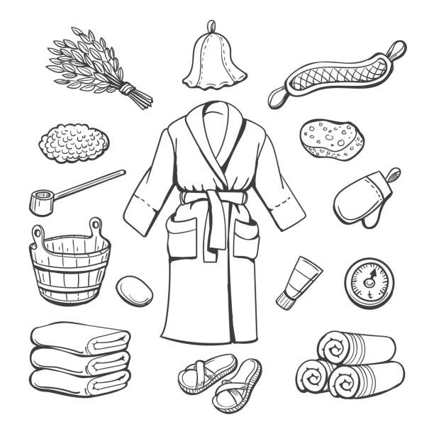 illustrazioni stock, clip art, cartoni animati e icone di tendenza di schizzo degli elementi della sauna - spa supplies illustrations