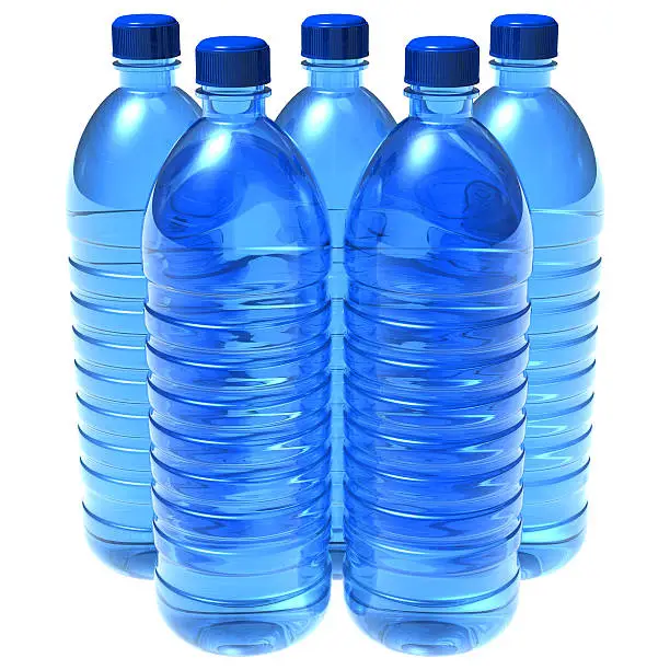 Photo of Five bottles of water with blue lids on a white table