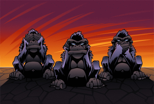 An image of the Three Wise Monkeys demonstrating that they see no evil, hear no evil and speak no evil. The monkeys are all on separate layers. The background sky and stone ground are also on separate layers. The shadow on the ground is removable if desired. 