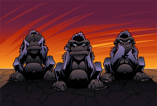 Three Wise Monkeys (See, Hear, Speak No Evil) An image of the Three Wise Monkeys demonstrating that they see no evil, hear no evil and speak no evil. The monkeys are all on separate layers. The background sky and stone ground are also on separate layers. The shadow on the ground is removable if desired. serious monkey stock illustrations
