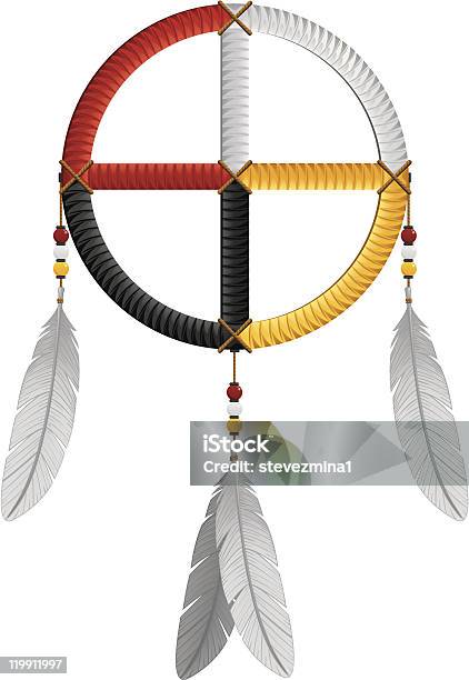 Native American Indian Medicine Wheel Feathers And Beads Vector Illustration Stock Illustration - Download Image Now