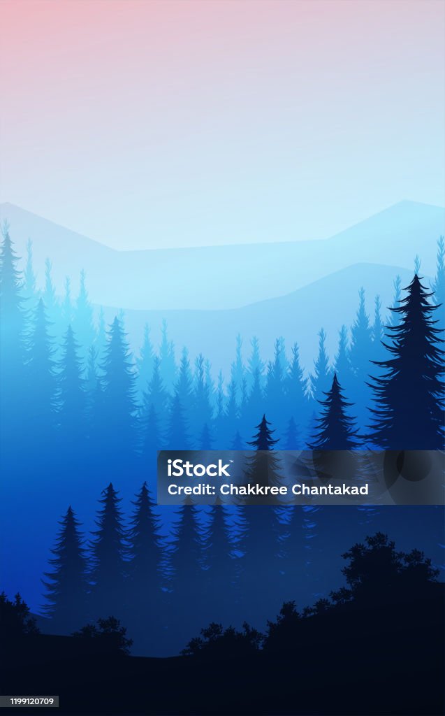 Nature Forest Natural Pine Forest Mountains Horizon Landscape Wallpaper  Mountains Lake Landscape Silhouette Tree Sky Sunrise And Sunset  Illustration Vector Style Colorful View Background Stock Illustration -  Download Image Now - iStock