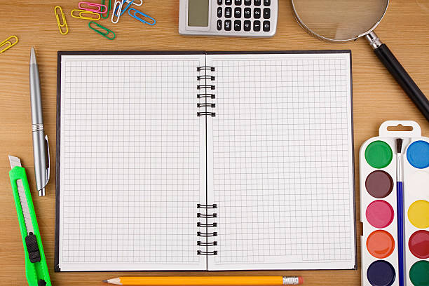 istock school accessories and checked notebook on wood 119912073