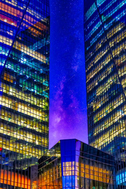 istock Digital synthesis, urban starry sky architecture 1199122106