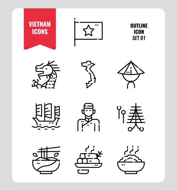 wietnam line icon set 1. dołącz flagę, punkt orientacyjny, ludzi, jedzenie i więcej. ikony konspektu projektowanie. wektor - indochina soup flag national flag stock illustrations