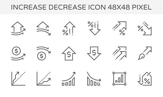 Increase decrease and arrow vector icon set, 48x48 pixel perfect and editable stroke.