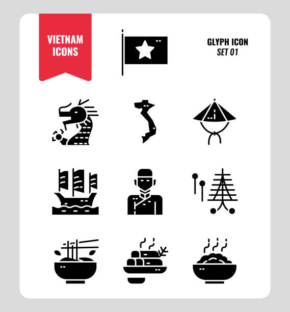 wietnam ikona zestaw 1. dołącz flagę, punkt orientacyjny, ludzi, jedzenie i więcej. glif ikony projekt. ilustracja wektorowa - indochina soup flag national flag stock illustrations