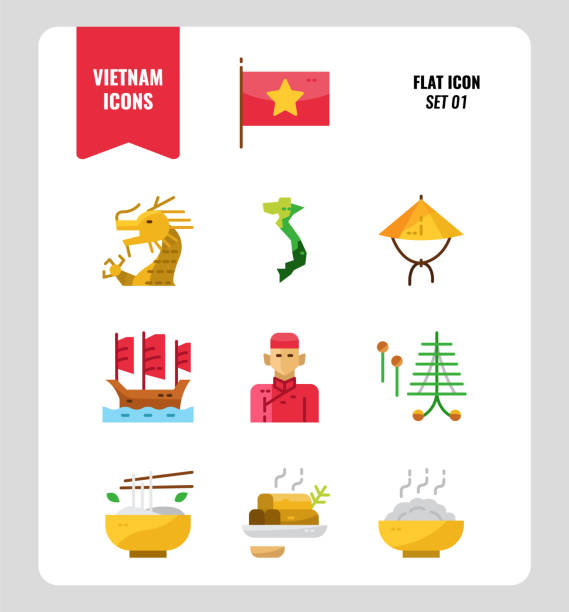 wietnam ikona zestaw 1. dołącz flagę, punkt orientacyjny, ludzi, jedzenie i więcej. płaskie ikony projekt. ilustracja wektorowa - indochina soup flag national flag stock illustrations