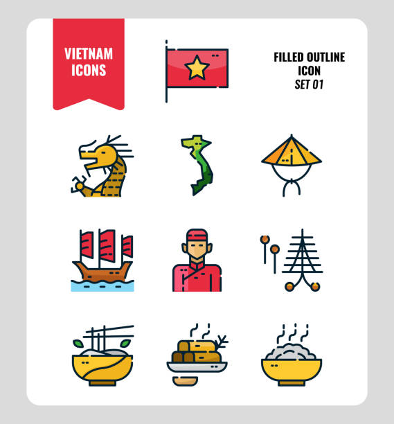 wietnam ikona zestaw 1. dołącz flagę, punkt orientacyjny, ludzi, jedzenie i więcej. wypełniony projekt ikon konspektu. ilustracja wektorowa - indochina soup flag national flag stock illustrations