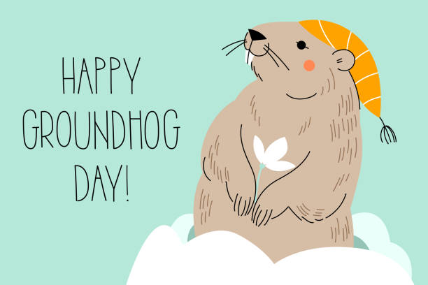 groundhog günü kutlu olsun. baskı tebrik kartı, afiş, poster için tasarım. - groundhog day stock illustrations
