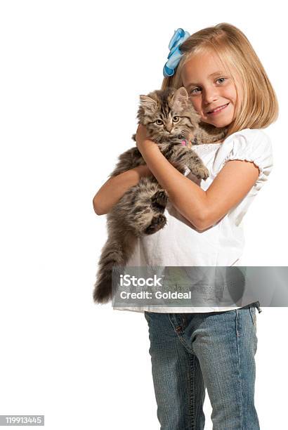 Girl And Kitten Stock Photo - Download Image Now - Child, Domestic Cat, White Background