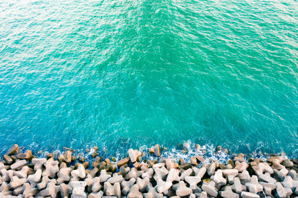 breakwater tetrapod dans l'eau turquoise - horizon over water white green blue photos et images de collection