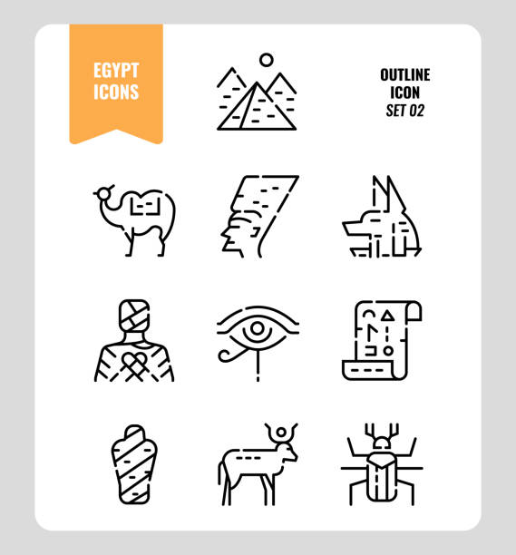 ilustrações de stock, clip art, desenhos animados e ícones de egypt icon set 2. include pyramid, anubis, god, mummy, camel and more. outline icons design. vector - egypt camel pyramid shape pyramid