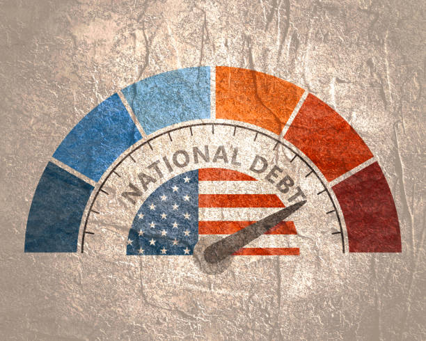 National debt concept Meter read high level of national debt result. Color scale with arrow from blue to red. The measuring device icon. Colorful infographic gauge element. National flag of USA us recession stock illustrations