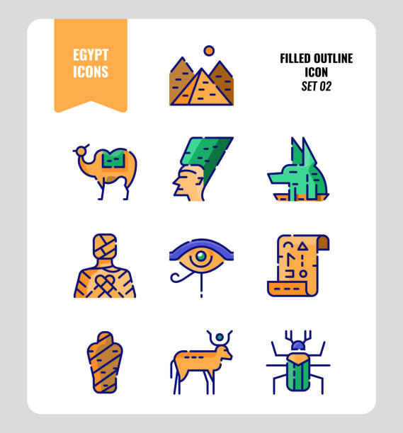 ilustrações de stock, clip art, desenhos animados e ícones de egypt icon set 2. include pyramid, anubis, god, mummy, camel and more. filled outline icons design. vector - egypt pyramid cairo camel