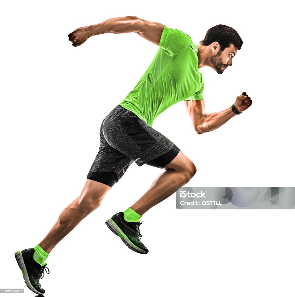 man runner running jogger jogging isolated silhouette white background one caucasian man runner running jogging jogger silhouette isolated on white background Running Stock Photo