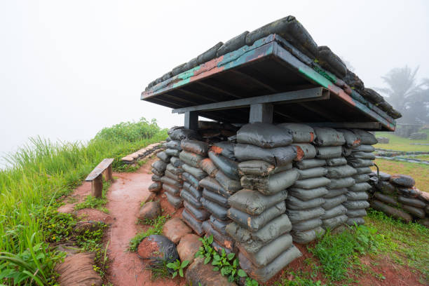 air raid shelters or bomb shelters are structures for the protection of soldiers in the war - air raid imagens e fotografias de stock