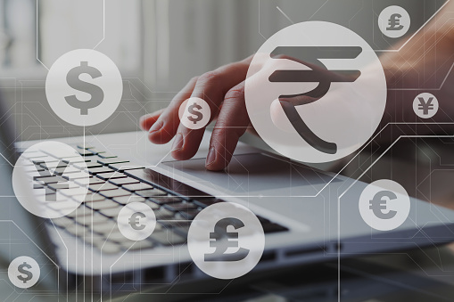 Indian rupee with another currency icons. Forex trading and stock market. Financial operations.