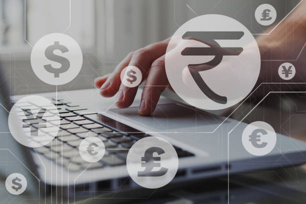Indian rupee with another currency icons. Forex trading and stock market. Financial operations. stock photo