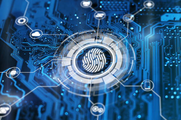 istock Fingerprint login authorization and cyber security concept. Blue integrated circuit with futuristic icons on background. Control access and authentication online. 1199145034