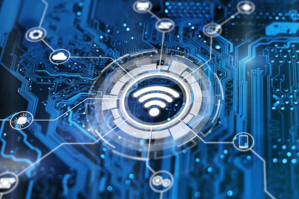 istock Wireless technology futuristic illustration on integrated circuit background. Hotspot antenna sign. Wifi icon. 1199145136
