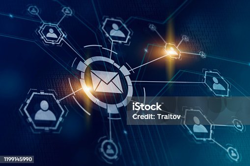 istock Email and sms marketing concept. Scheme of direct sales in business. List of clients for mailing. Newsletter concept 1199145990