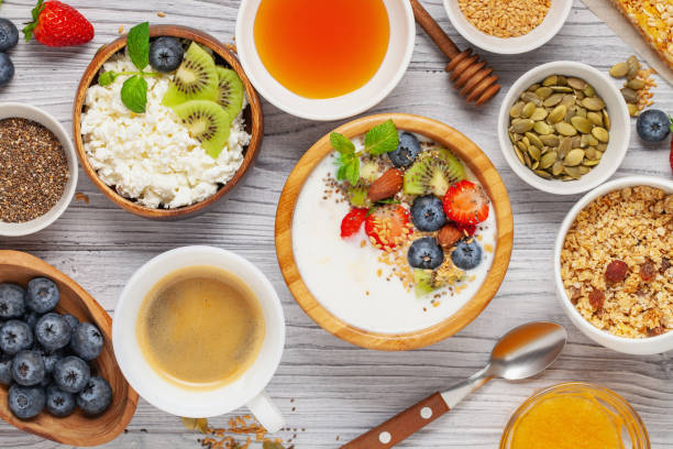 istock Healthy breakfast set with yogurt, berries, coffee and granola. Top view. Flat lay 1199148322