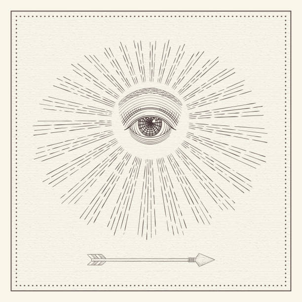 Vector all-seeing eye, eye in the sky with light ray, symbol of the Masons, Illuminati, monochrome hand drawn sketch Vector all-seeing eye, eye in the sky with light ray, symbol of the Masons, Illuminati, vintage engraved, monochrome hand drawn sketch illustration, tattoo design providence stock illustrations