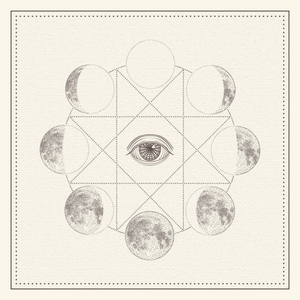 Phases of the moon with all-seeing eye and sacred geometry. Monochrome hand drawn vector illustration Phases of the moon with all-seeing eye and sacred geometry. Monochrome hand drawn vector illustration, isolated on white background magician illustrations stock illustrations