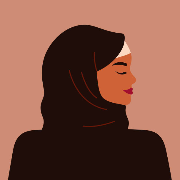 ilustraciones, imágenes clip art, dibujos animados e iconos de stock de retrato de una mujer musulmana fuerte de perfil con un hiyab negro. - veil human face women fashion model