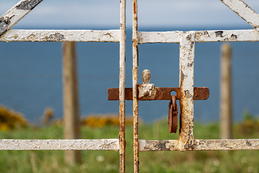 A rusty padlock on a closed gate, with blurry pasture and coast in the background
