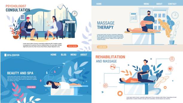 body mental therapy rehabilitation services set - physical therapy illustrations stock-grafiken, -clipart, -cartoons und -symbole