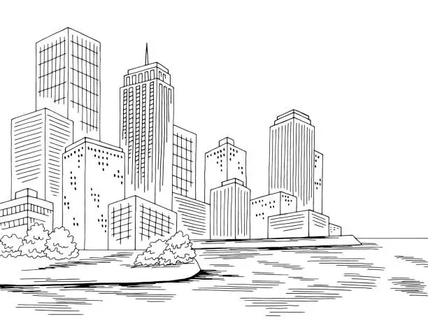 Vector illustration of City sea shore graphic black white cityscape skyline sketch illustration vector