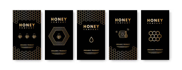 Set of social media Honey elements on black background. Vector set of social media. Gold gradient honey bee, honeycombs, honey stick, beehive. Design templates, backgrounds, banners, blanks, posters, advertising. Isolated on black background. bee patterns stock illustrations