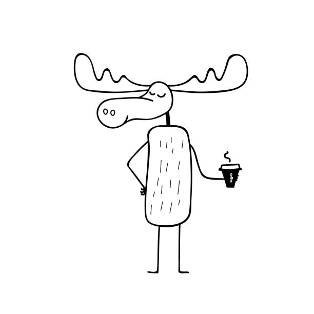 Coloring Moose with coffee on white background. Vector Coloring Moose with coffee isolated from white background. how to draw a moose drawing stock illustrations