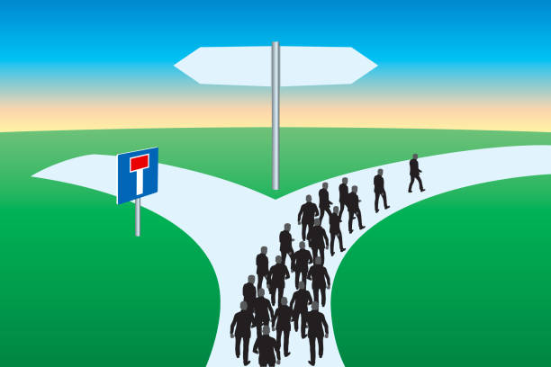 Faced with two opposite directions, a group has the choice between following a one-way street or a dead end. Concept of the dead end road showing a path that separates in two directions and a group forced to follow a one-way street to avoid ending up in a dead end. one way stock illustrations