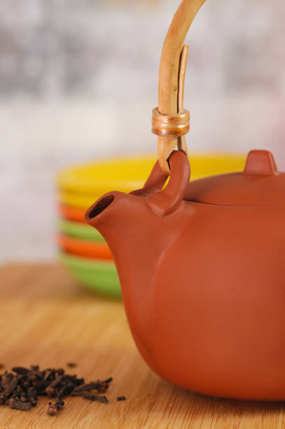 istock clay teapot on color plates backgrounds 1199157881