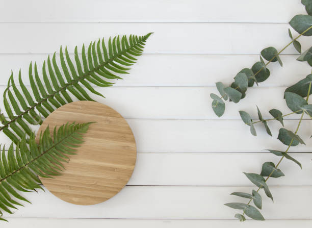 istock White wood background fern and eucalyptus leaves 1199158229