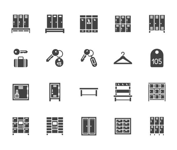 szatnia płaskie ikony glifów zestaw. siłownia, szafki szkolne, automatyczne przechowalnia bagażu, breloki z napisem "key tag" czarne znaki przechowywania rzeczy osobistych. sylwetka piktogrampiktu idealny 64x64 - mail filter stock illustrations