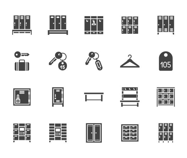 Locker room flat glyph icons set. Gym, school lockers, automatic left-luggage office, key tag vector illustrations. Black signs personal belongings storage. Silhouette pictogram pixel perfect 64x64 Locker room flat glyph icons set. Gym, school lockers, automatic left-luggage office, key tag vector illustrations. Black signs personal belongings storage. Silhouette pictogram pixel perfect 64x64. clothes hanger storage stock illustrations