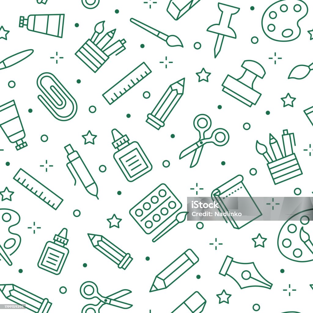 Stationery Background School Tools Seamless Pattern Art Education Wallpaper  With Line Icons Of Pencil Pen Paintbrush Palette Notebook Painter Supplies  Vector Illustration Green White Color Stock Illustration - Download Image  Now - iStock
