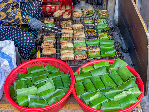 Fresh grilled banana sticky rice in Cambodia street food market
