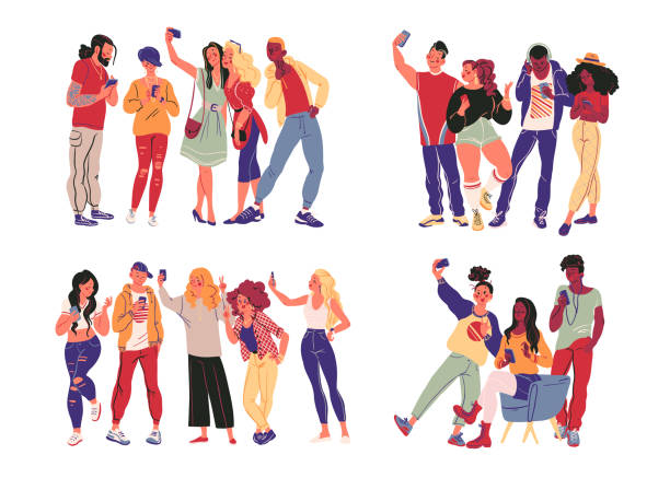 portrét skupiny mladých dospívajících ve stylovém oblečení s chytrými telefony, které fotografují, dělají selfie, píšou sms a surfují na internetu izolovaném na bílém pozadí. - selfie stock ilustrace