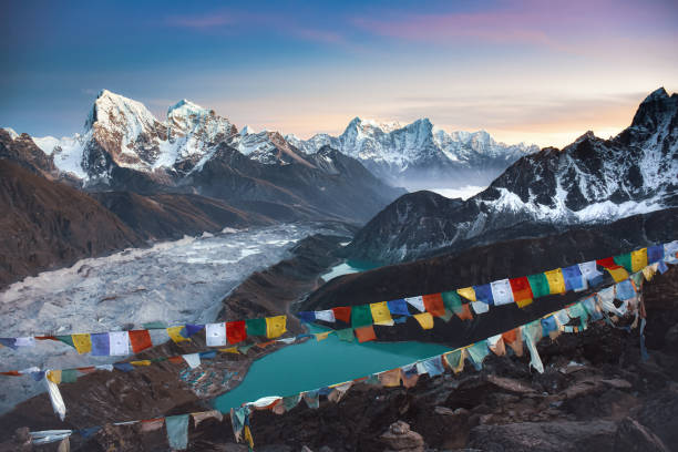 View From Gokyo Ri at Sunset Had an amazing sunset amongst the Eight-thousanders : Mt. Cho Oyu (8.201 m), Everest (8.848 m), Lhotse (8.516 m) and Makalu (8.848 m). annapurna circuit photos stock pictures, royalty-free photos & images