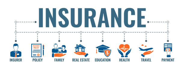 Insurance Services Banner Insurance services horizontal banner with two color flat icons family, medical, travel and education insurance. typography concept. isolated vector illustration insurer stock illustrations