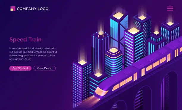 Vector illustration of Speed train electric subway isometric landing page