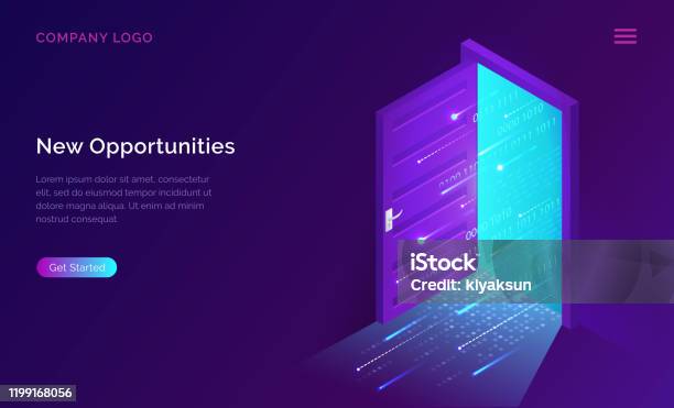 New Opportunities Isometric Landing Page Banner Stock Illustration - Download Image Now - Door, Technology, Open