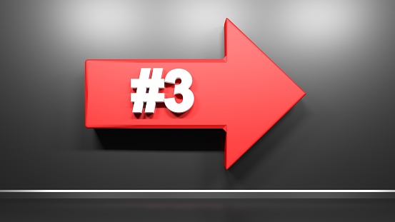 Number Three red arrow at black background - 3D rendering illustration